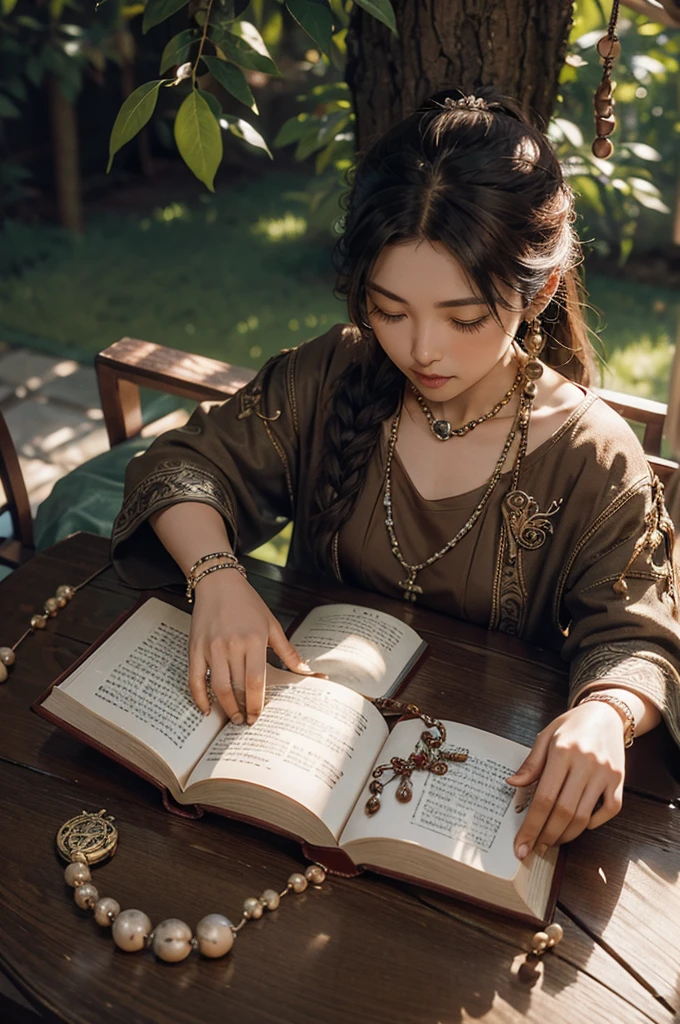 a prayer beads cord of a hundred brown beads, with metalic medal carved with a tree, on a table, over a open book, focus in the medal