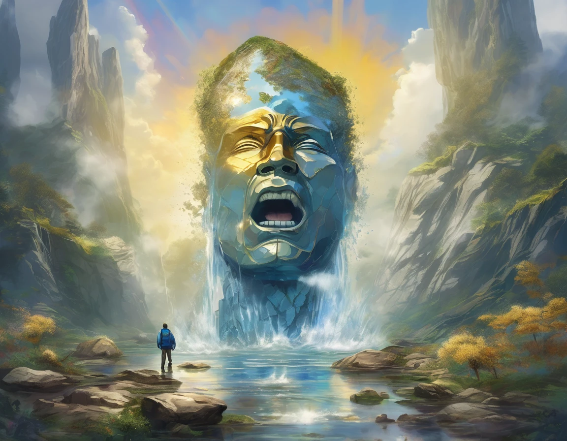 A man wearing a blue jacket, walking into a Giant gray rock Titan with opening mouth,  rock gray-gold giant bust, with wide mouth open resting in the center of a water mirror, the rocks and gold giant head has moss and flowers. thick wavy Brush strokes, Digital illustration. brush strokes, watercolor, in the background golden rays and beautiful landscape, fantastic art, dreamy atmosphere, rainbow waves, Peaceful environment, close up