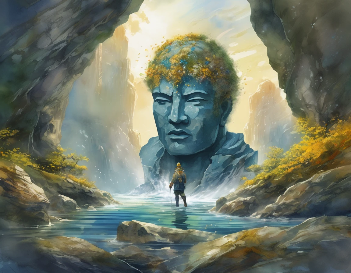 A man wearing a blue jacket, walking into a Giant gray rock Titan with opening mouth,  rock gray-gold giant bust, with wide mouth open resting in the center of a water mirror, the rocks and gold giant head has moss and flowers. thick wavy Brush strokes, Digital illustration. brush strokes, watercolor, in the background golden rays and beautiful landscape, fantastic art, dreamy atmosphere, rainbow waves, Peaceful environment, close up