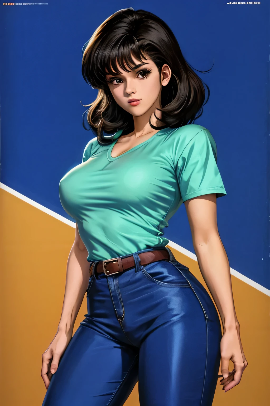cowboy shot, anime style, police girl in the night in blue shirt, model pose, full body portrait, 1980s \(style\), 1girl, dark hair, retro artstyle