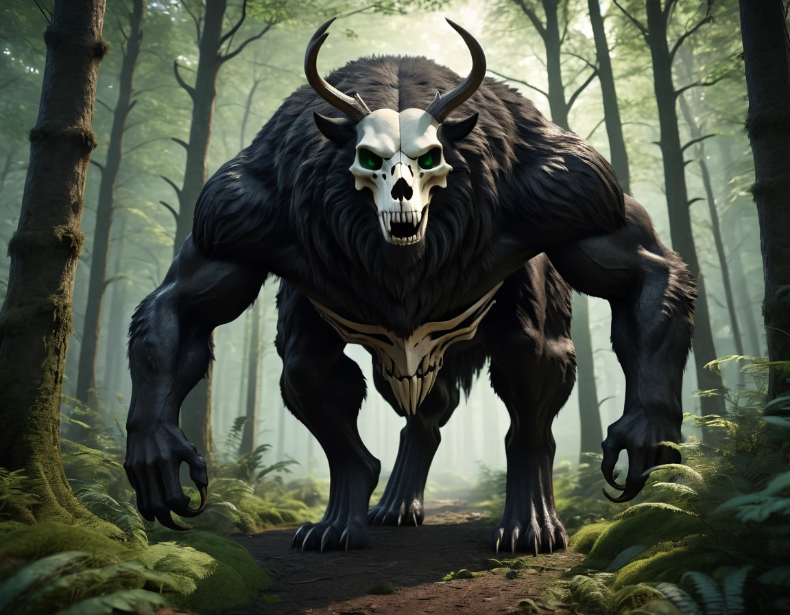 full body portrait of scary big black beast, very tall, four legged, scary skull head, bone, bear skull face, [deer | tiger | wolf | wendigo | bear], hybrid beast with beryl green eyes dark mysterious forest scenery, fantasy, dark fantasy, full body, cinematic, render, 8k, unreal engine, realistic, masterpiece, high detail, full body, low life, volumetric lighting 