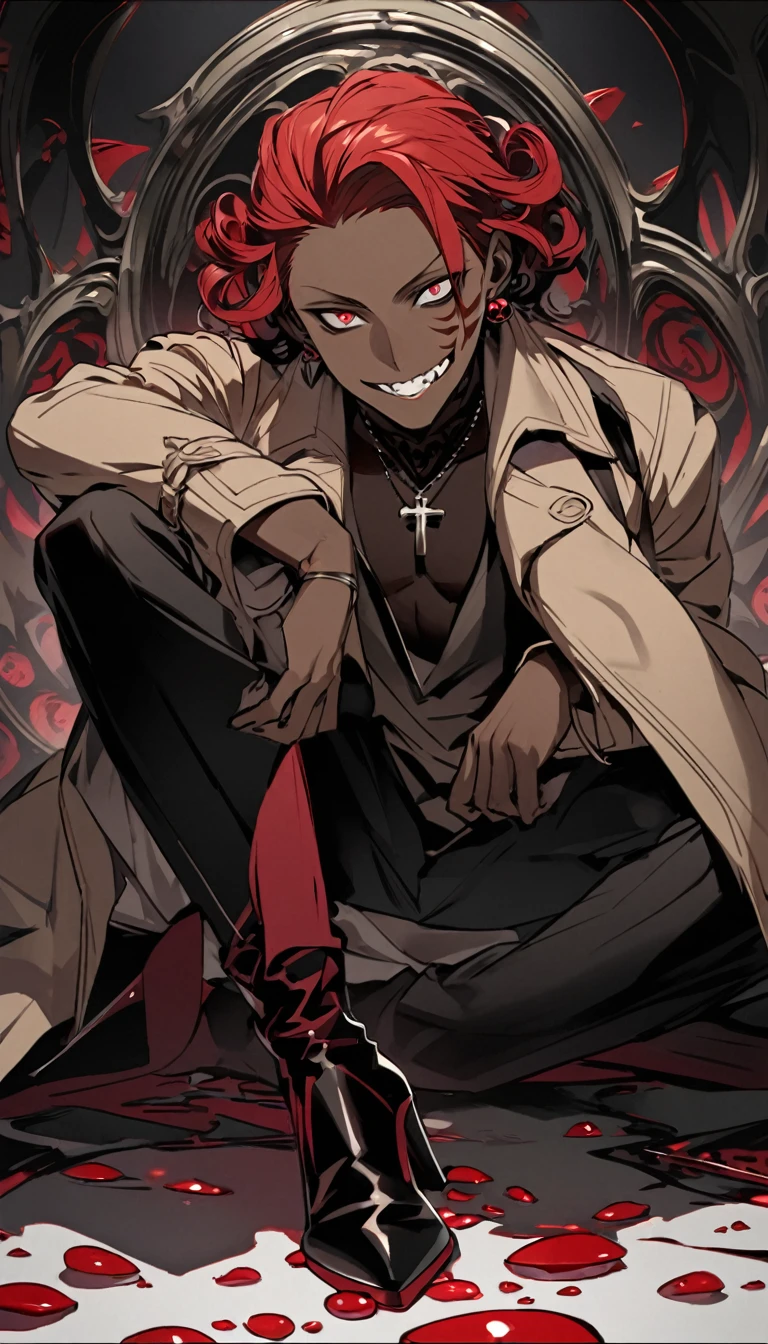 a man with dark skin with curly red hair, he wears a pink shirt with a brown coat and a necklace with an inverted cross attached to it as a pendant, he has red eyes with distorted pupils and a three-pointed scar in the middle of his head. forehead, he wears red pebble earrings, he wears black dress pants and mid-calf boots with high heels, he has a horrifying smile with several crooked teeth, he stares at you in an extremely frightening way, he is handsome with a elegant yet extremely hideous and strange way.
