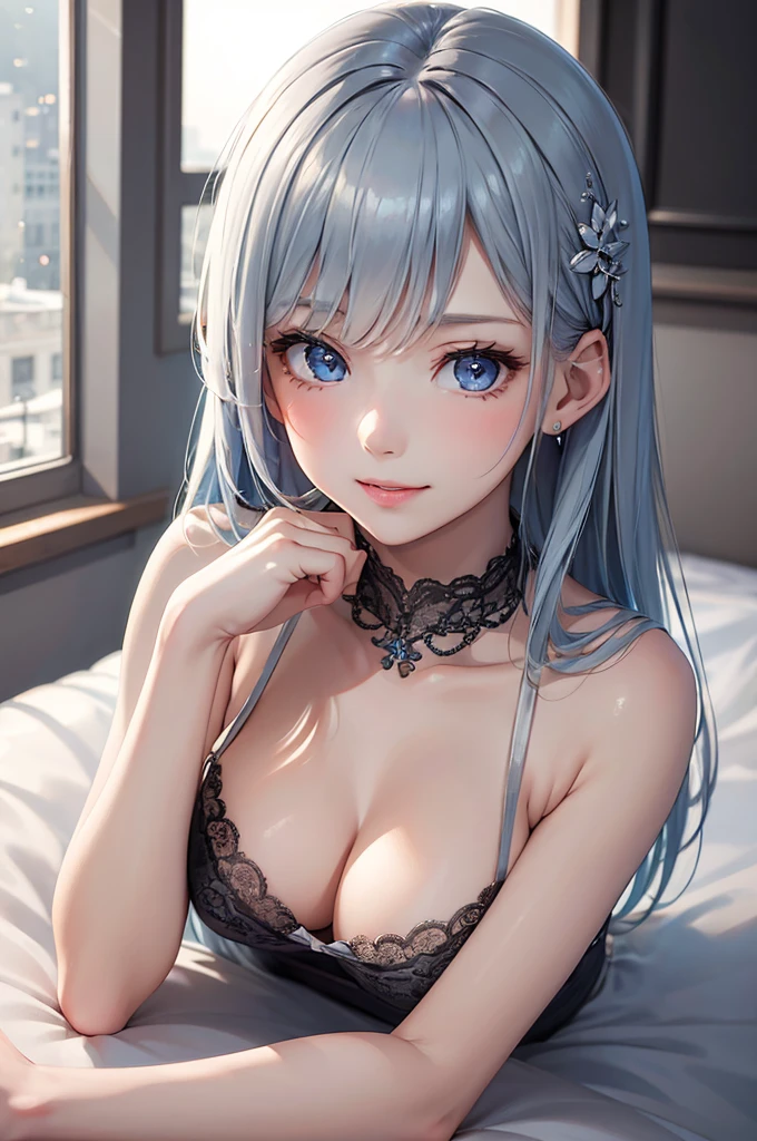 Best Quality,High resolution,8K,finelity detailed background,Masterpiece:1.2),beautiful girl,Shiny light blue hair,crossed bangs,Light blue eyes,Gentle look,A refreshing look,smile,Best quality,Best Quality,Aesthetic and aesthetic:1.2,Best details((Super detailed))(High-definition CG illustrations),Upper Body,Dark grey underwear, (gray,intricate lace),Slender body,night,moon,Bedroom,On the bed,smile,blush,cute,Scrounge,Looking up,Being spoiled,super model,wariza,shoot from,below