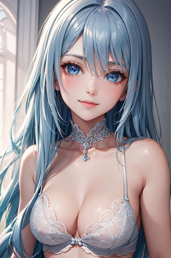 Best Quality,High resolution,8K,finelity detailed background,Masterpiece:1.2),beautiful girl,Shiny light blue hair,crossed bangs,Light blue eyes,Gentle look,A refreshing look,smile,Best quality,Best Quality,Aesthetic and aesthetic:1.2,Best details((Super detailed))(High-definition CG illustrations),Upper Body,Dark grey underwear, (gray,intricate lace),Slender body,night,moon,Bedroom,On the bed,smile,blush,cute,Scrounge,Looking up,Being spoiled,super model,wariza,shoot from,below
