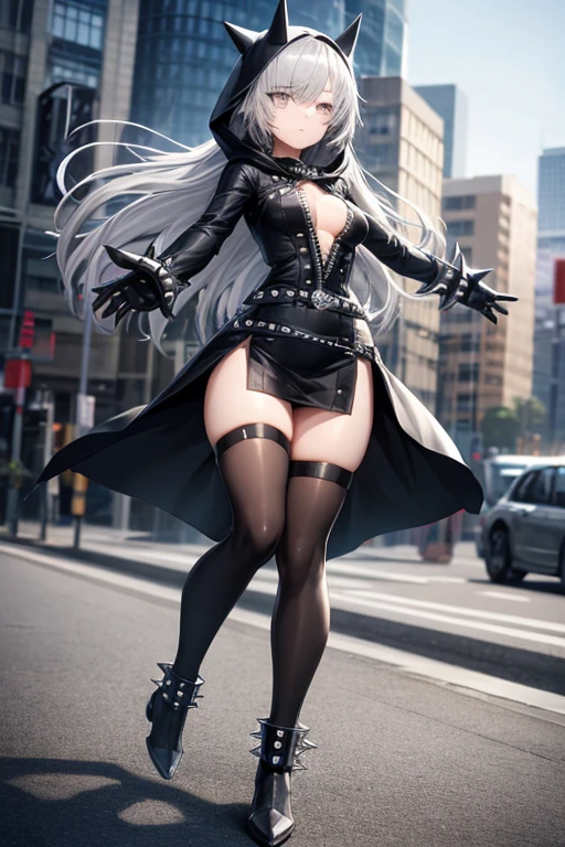 ((best quality)), ((masterpiece)), (detailed), 1 girl, Full body, 18 years old, Depressed face, Silver eyes, One eye, Outstretched arms, Covered eyes, Silver hair, Long hair, Spiky hair, Bangs, Strand of hair covering her eye, Full body, Tall, Athletic, Small breasts, Slim, Gray zippered hood, Metal spikes, Gray wristbands, Long black spiked gloves, Gray gothic outfit, Gothic, Gray dress with metal spikes, Metal emblem, Tight fit, Black belt, Black stockings, Black boots, Walking through the city, Metal spikes coming out of the highway, City background, Gray clothes, Superhero, Anime, Plush rabbit in her arms