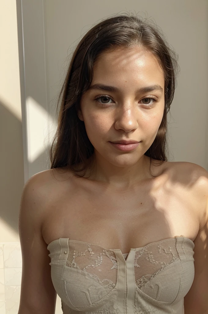 (front facing camera),(Texture de la peau, pores, naturel,iPhone,brut)), bright and sunny lighting, Full body photo&#39;a woman with her hair styled to the side and wearing a ((tight)) , nikon z9, Realistic matte skin,blurred landscape with green trees and grassy hills in the background,