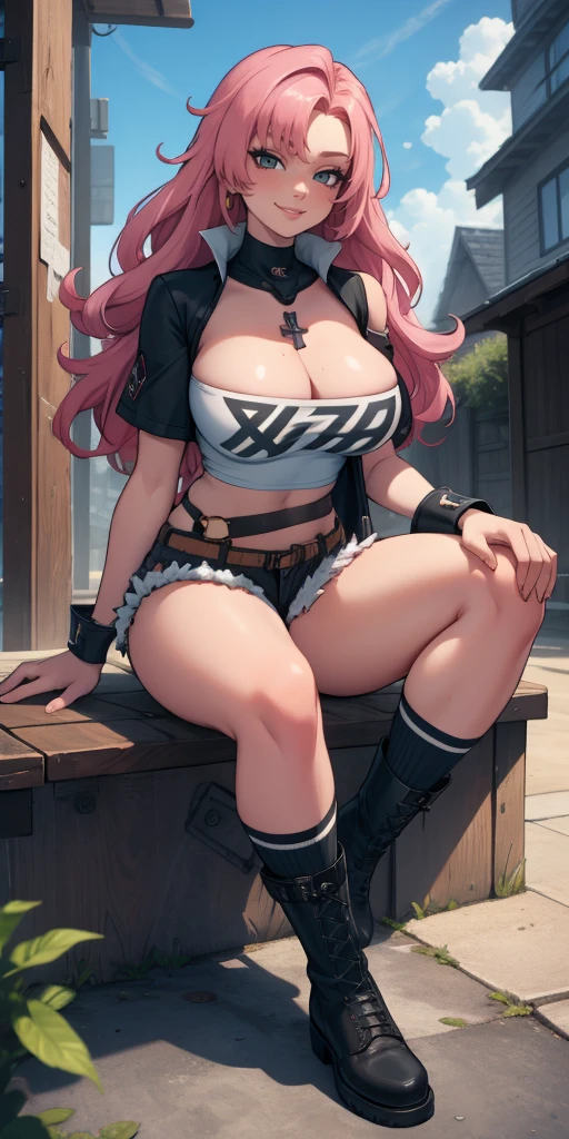 Nicole Demara Style, 8K, High resolution, Ureal engine, super high quality, Big Tits Beautiful Women, Green Eyes, Sitting cross-legged, White VT shirt, black Shorts , Long chest,Detailed and realistic starting outfit style, Pink Hair, body,Nicole Demara, Hair Clip, Long Hair, smile pretensioso, smile, Thighs, boots, Cleavage, Short shorts, Shorts, knee-length sune, 片足socks, One leg height, socks, Thighsストラップ, Thighs, Outdoor, city, null, cloud, sun, building, (artwork:1.2), Better Quality, high resunution, (Beautiful and fine details:1.6), Highly detailed face, Perfect lighting,, (Perfect hands, Perfect Anatomy),