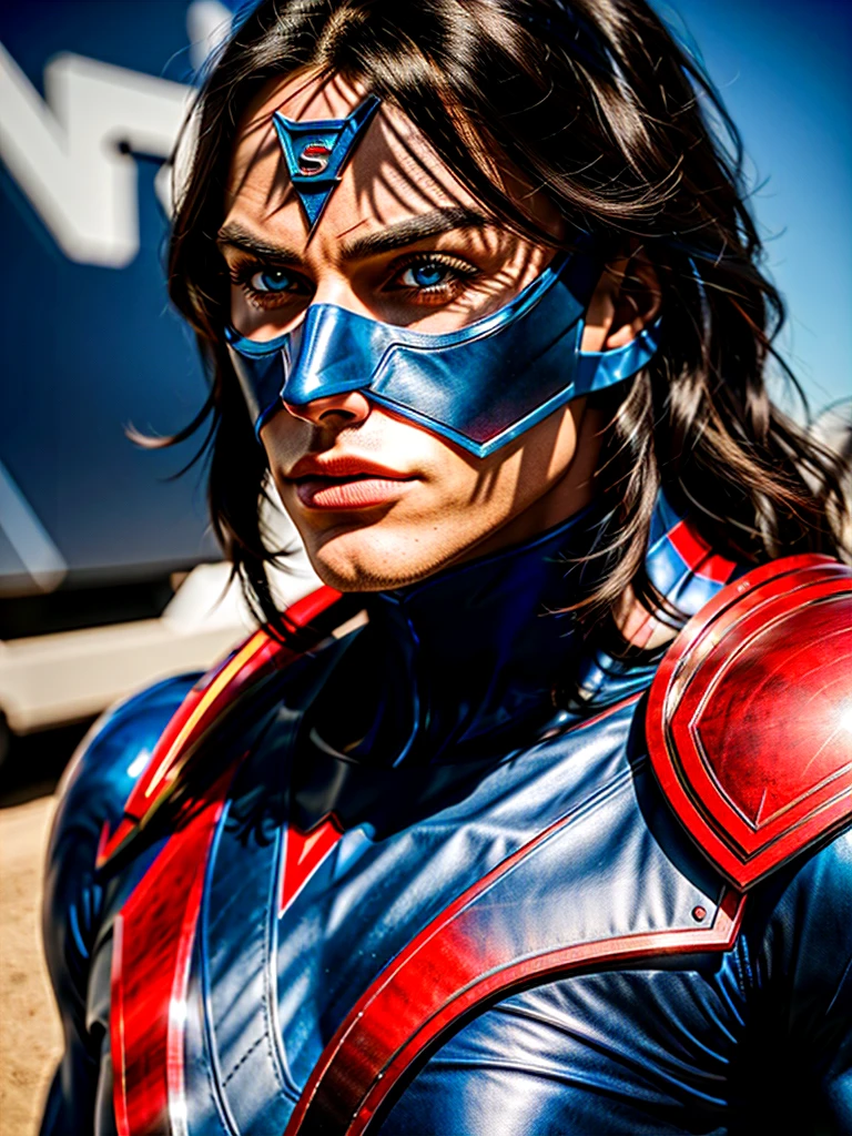 a muscular man with a chiseled jawline, blue eyes, and wavy black hair, wearing a tight blue and red superhero costume with a bold "S" symbol on the chest, flying through the sky with rippling cape, dramatic lighting, epic cinematic composition, photorealistic, 8k, high detailed, intricate, vivid colors, dramatic lighting, dramatic shadows, powerful, heroic, cinematic, inspiring, (best quality,4k,8k,highres,masterpiece:1.2),ultra-detailed,(realistic,photorealistic,photo-realistic:1.37)