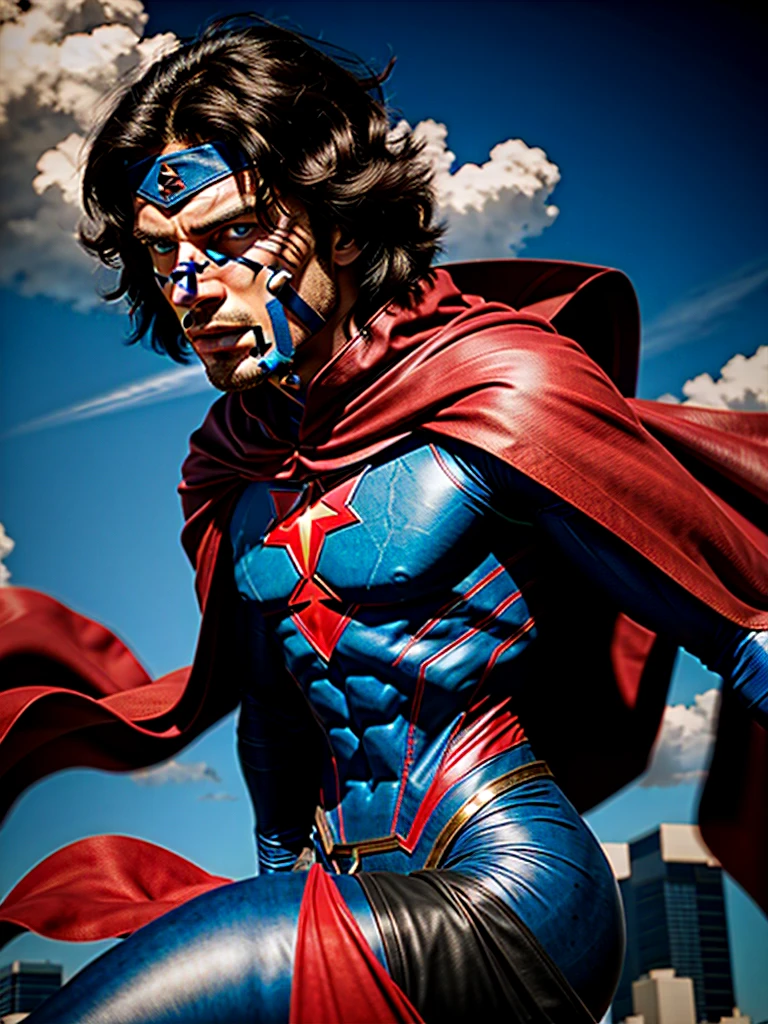 a muscular man with a chiseled jawline, blue eyes, and wavy black hair, wearing a tight blue and red superhero costume with a bold "S" symbol on the chest, flying through the sky with rippling cape, dramatic lighting, epic cinematic composition, photorealistic, 8k, high detailed, intricate, vivid colors, dramatic lighting, dramatic shadows, powerful, heroic, cinematic, inspiring, (best quality,4k,8k,highres,masterpiece:1.2),ultra-detailed,(realistic,photorealistic,photo-realistic:1.37)