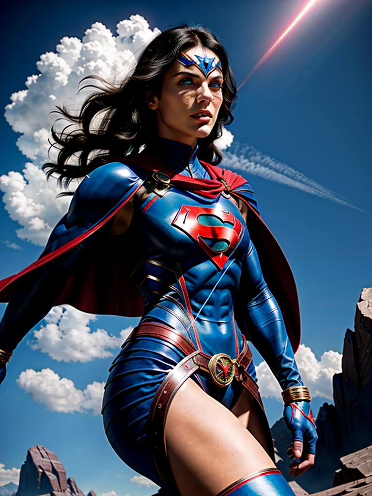 a muscular man with a chiseled jawline, blue eyes, and wavy black hair, wearing a tight blue and red superhero costume with a bold "S" symbol on the chest, flying through the sky with rippling cape, dramatic lighting, epic cinematic composition, photorealistic, 8k, high detailed, intricate, vivid colors, dramatic lighting, dramatic shadows, powerful, heroic, cinematic, inspiring, (best quality,4k,8k,highres,masterpiece:1.2),ultra-detailed,(realistic,photorealistic,photo-realistic:1.37)