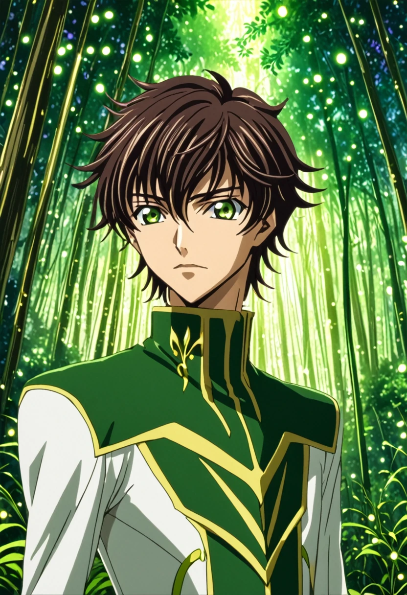 ""Create a detailed fantasy close-up artwork of a boy in an enchanted forest in the art style of Code Geass. His spiky, tousled hair should frame his face, and his eyes should be large and expressive, capturing a sense of wonder. He should wear a sleek, stylish outfit with intricate patterns, reminiscent of the character designs in Code Geass. In the background, hints of a dense, vibrant forest with glowing mushrooms and sparkling fireflies should be visible. Soft rays of sunlight should filter through, casting a magical, dappled light on his face. The overall atmosphere should be mystical and captivating, with bold lines and vivid colors typical of the anime's aesthetic."