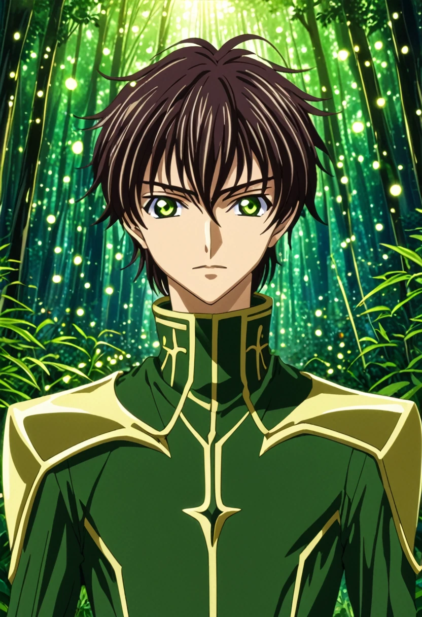 ""Create a detailed fantasy close-up artwork of a boy in an enchanted forest in the art style of Code Geass. His spiky, tousled hair should frame his face, and his eyes should be large and expressive, capturing a sense of wonder. He should wear a sleek, stylish outfit with intricate patterns, reminiscent of the character designs in Code Geass. In the background, hints of a dense, vibrant forest with glowing mushrooms and sparkling fireflies should be visible. Soft rays of sunlight should filter through, casting a magical, dappled light on his face. The overall atmosphere should be mystical and captivating, with bold lines and vivid colors typical of the anime's aesthetic."