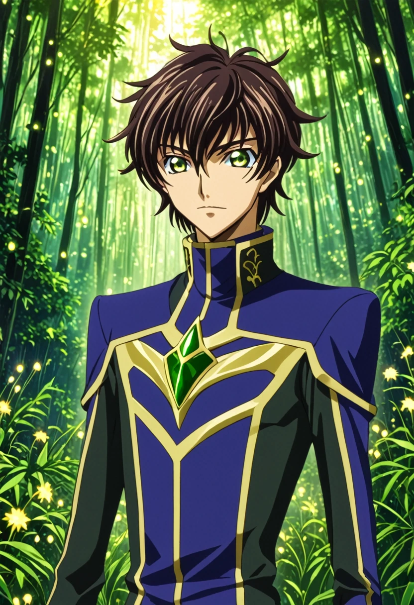 ""Create a detailed fantasy close-up artwork of a boy in an enchanted forest in the art style of Code Geass. His spiky, tousled hair should frame his face, and his eyes should be large and expressive, capturing a sense of wonder. He should wear a sleek, stylish outfit with intricate patterns, reminiscent of the character designs in Code Geass. In the background, hints of a dense, vibrant forest with glowing mushrooms and sparkling fireflies should be visible. Soft rays of sunlight should filter through, casting a magical, dappled light on his face. The overall atmosphere should be mystical and captivating, with bold lines and vivid colors typical of the anime's aesthetic."