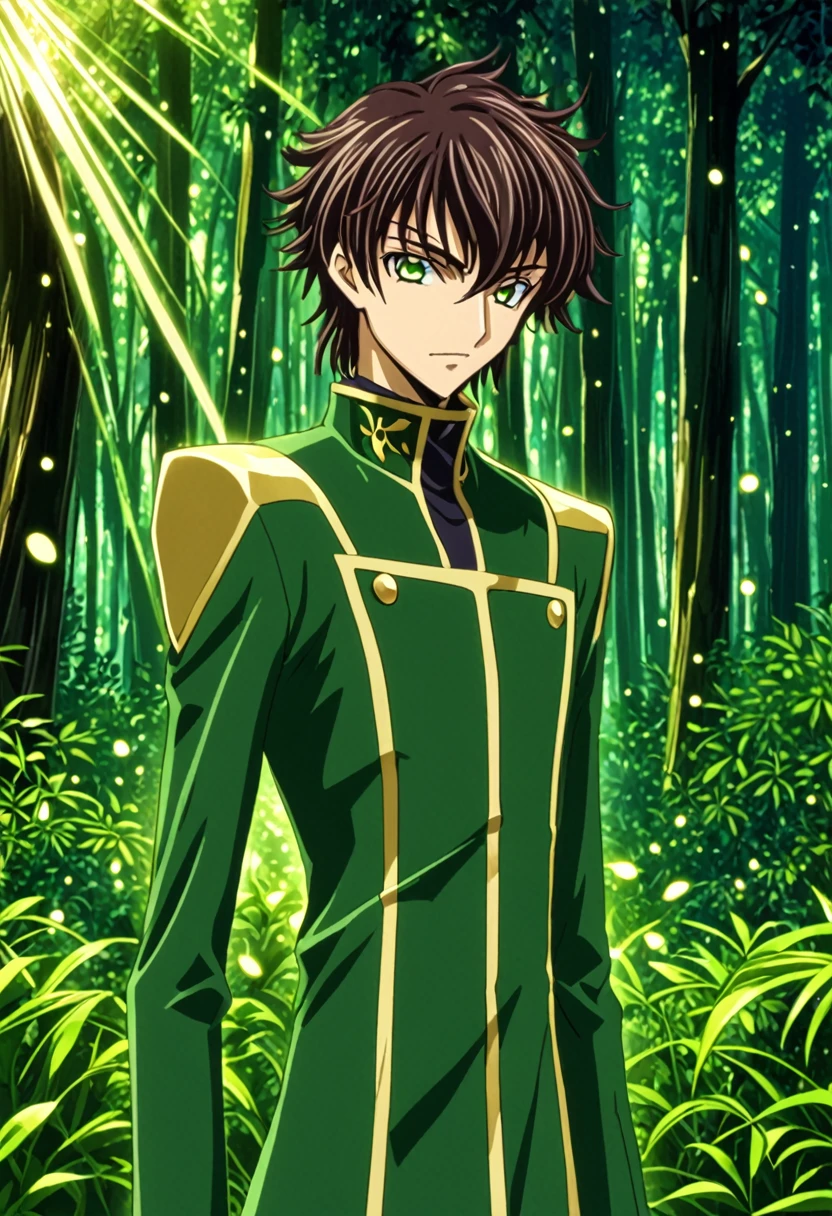 ""Create a detailed fantasy close-up artwork of a boy in an enchanted forest in the art style of Code Geass. His spiky, tousled hair should frame his face, and his eyes should be large and expressive, capturing a sense of wonder. He should wear a sleek, stylish outfit with intricate patterns, reminiscent of the character designs in Code Geass. In the background, hints of a dense, vibrant forest with glowing mushrooms and sparkling fireflies should be visible. Soft rays of sunlight should filter through, casting a magical, dappled light on his face. The overall atmosphere should be mystical and captivating, with bold lines and vivid colors typical of the anime's aesthetic."