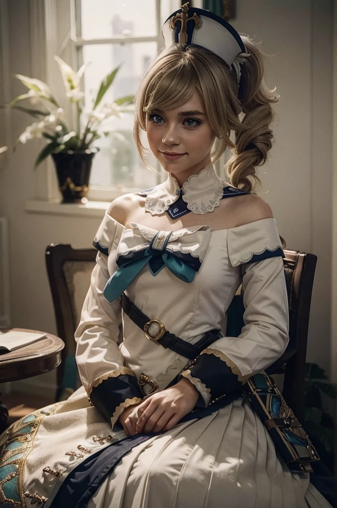 A young girl in realistic portrait of high quality and detail, movie style, Barbara (Genshin Impact), a young girl of petite build with blond hair gathered in two ponytails and blue eyes. She is dressed in a white off-the-shoulder dress decorated with gold embroidery and a dark blue petticoat with the same color lapels on the sleeves. The bodice of the dress is decorated with a sea-green bow. The outfit is complemented by white tights, white shoes with black lacing, blue ruffles and a black block heel and a separate collar. On her head she wears a white and blue cap with a gold cross, similar to a nurse's headdress. Barbara also carries a spell book with a blue cover, decorated with gold and a cross keychain. She attaches it to a black leather sling with a gold buckle. light and peaceful atmosphere, glow, eye shadow, 1girl, Depth & Perspective, smiling on her face, fine face, She sitting on chair in the living room, indoors, sunlight from stained glass windows, looking at viewer, (ultra-high detail:1.2), Masterpiece, Best Quality, Ultra-detailed, Cinematic lighting, 8K, delicate features, cinematic, 35 mm lens, f/1.9, highlight lighting, global lighting –uplight –v 4, cinematic, Cinematic lighting, 8K, high quality, Highest Quality, (Solo Focus), (extremly intricate:1.3), (Realistic), masterful, Analog style, (Film grain:1.5), (warm hue, cold tone), 