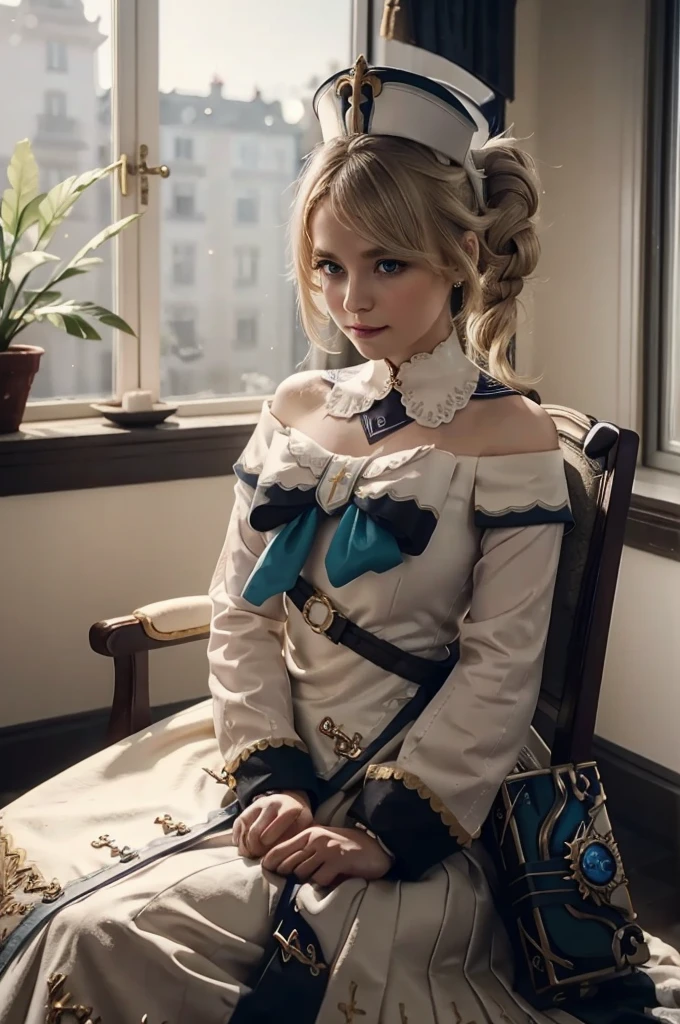 A young girl in realistic portrait of high quality and detail, movie style, Barbara (Genshin Impact), a young girl of ite build with blond hair gathered in two ponytails and blue eyes. She is dressed in a white off-the-shoulder dress decorated with gold embroidery and a dark blue petticoat with the same color lapels on the sleeves. The bodice of the dress is decorated with a sea-green bow. The outfit is complemented by white tights, white shoes with black lacing, blue ruffles and a black block heel and a separate collar. On her head she wears a white and blue cap with a gold cross, similar to a nurse's headdress. Barbara also carries a spell book with a blue cover, decorated with gold and a cross keychain. She attaches it to a black leather sling with a gold buckle. light and peaceful atmosphere, glow, eye shadow, 1girl, Depth & Perspective, smiling on her face, fine face, She sitting on chair in the living room, indoors, sunlight from stained glass windows, looking at viewer, (ultra-high detail:1.2), Masterpiece, Best Quality, Ultra-detailed, Cinematic lighting, 8K, delicate features, cinematic, 35 mm lens, f/1.9, highlight lighting, global lighting –uplight –v 4, cinematic, Cinematic lighting, 8K, high quality, Highest Quality, (Solo Focus), (extremly intricate:1.3), (Realistic), masterful, Analog style, (Film grain:1.5), (warm hue, cold tone), 