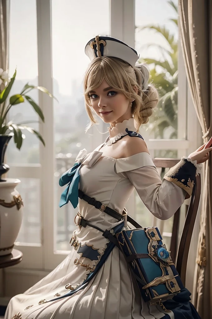 A young girl in realistic portrait of high quality and detail, movie style, Barbara (Genshin Impact), a young girl of petite build with blond hair gathered in two ponytails and blue eyes. She is dressed in a white off-the-shoulder dress decorated with gold embroidery and a dark blue petticoat with the same color lapels on the sleeves. The bodice of the dress is decorated with a sea-green bow. The outfit is complemented by white tights, white shoes with black lacing, blue ruffles and a black block heel and a separate collar. On her head she wears a white and blue cap with a gold cross, similar to a nurse's headdress. Barbara also carries a spell book with a blue cover, decorated with gold and a cross keychain. She attaches it to a black leather sling with a gold buckle. light and peaceful atmosphere, glow, eye shadow, 1girl, Depth & Perspective, smiling on her face, fine face, She sitting on chair in the living room, indoors, sunlight from stained glass windows, looking at viewer, (ultra-high detail:1.2), Masterpiece, Best Quality, Ultra-detailed, Cinematic lighting, 8K, delicate features, cinematic, 35 mm lens, f/1.9, highlight lighting, global lighting –uplight –v 4, cinematic, Cinematic lighting, 8K, high quality, Highest Quality, (Solo Focus), (extremly intricate:1.3), (Realistic), masterful, Analog style, (Film grain:1.5), (warm hue, cold tone), 