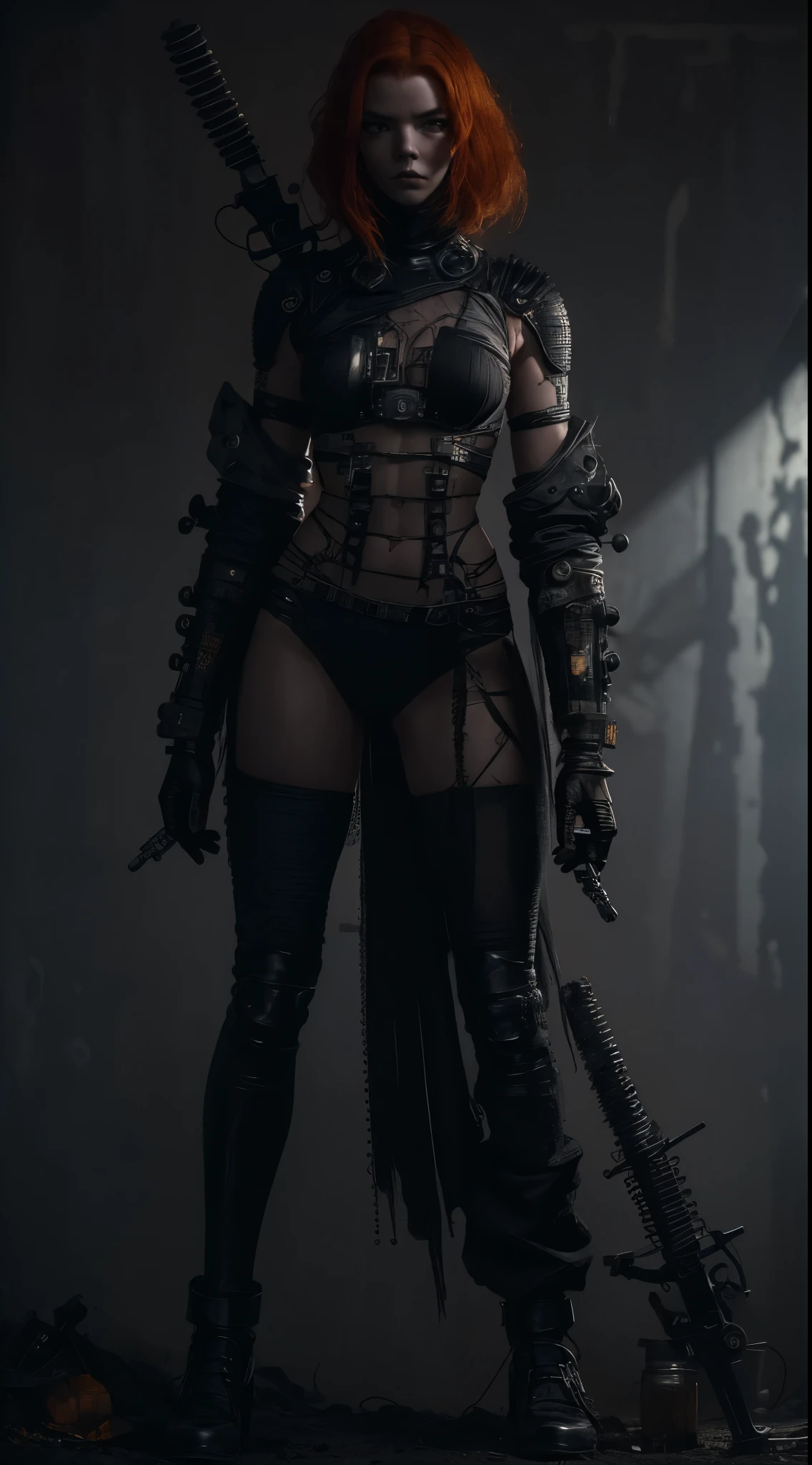 (((mulher))), (((melhor qualidade))), (((obra prima))), (((adulto))), A highly detailed and realistic skull girl,( Anya. Taylor Joy) cyberpunk character, mad max furiosa, one hand robot, cyborg arm, orange hair, dramatic metal heavy rock theme, best quality, 8k, hyperrealistic, photorealistic, extreme detailed painting, studio lighting, vivid colors, dark moody atmosphere, cinematic, dramatic pose, intricate mechanical details, glowing energy effects, intense gritty textures, seamless integration of organic and inorganic elements. Wearing the used clothes of a wastelander. Background: An apocalyptic wasteland. Dusty and depressing.
