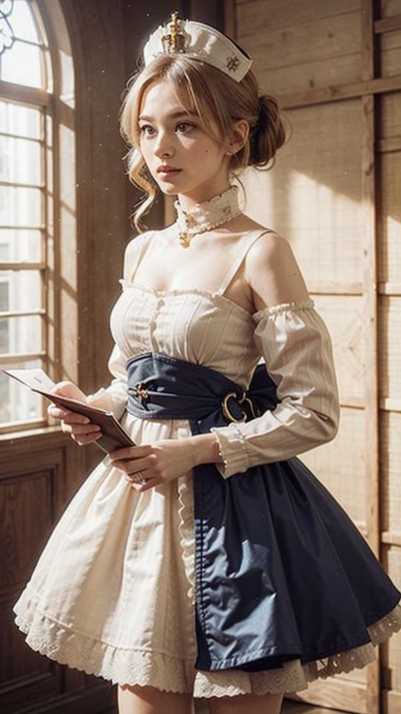 A young girl in realistic portrait of high quality and detail, movie style, Barbara (Genshin Impact), a young girl of petite build with ash-blond hair gathered in two ponytails and blue eyes. She is dressed in a white off-the-shoulder dress decorated with gold embroidery and a dark blue petticoat with the same color lapels on the sleeves. The bodice of the dress is decorated with a sea-green bow. The outfit is complemented by white tights, white shoes with black lacing, blue ruffles and a black block heel and a separate collar. On her head she wears a white and blue cap with a gold cross, similar to a nurse's headdress. Barbara also carries a spell book with a blue cover, decorated with gold and a cross keychain. She attaches it to a black leather sling with a gold buckle. light and peaceful atmosphere, glow, eye shadow, 1girl, fantasy, Depth & Perspective, smiling on her face, Mystical powers, fine face, She stands in the middle of the church hall, indoors, sunlight from stained glass windows, looking at viewer, (ultra-high detail:1.2), Masterpiece, Best Quality, Ultra-detailed, Cinematic lighting, 8K, delicate features, cinematic, 35 mm lens, f/1.9, highlight lighting, global lighting –uplight –v 4, cinematic, Cinematic lighting, 8K, high quality, Highest Quality, (Solo Focus), (extremly intricate:1.3), (Realistic), masterful, Analog style, (Film grain:1.5), (warm hue, cold tone), 