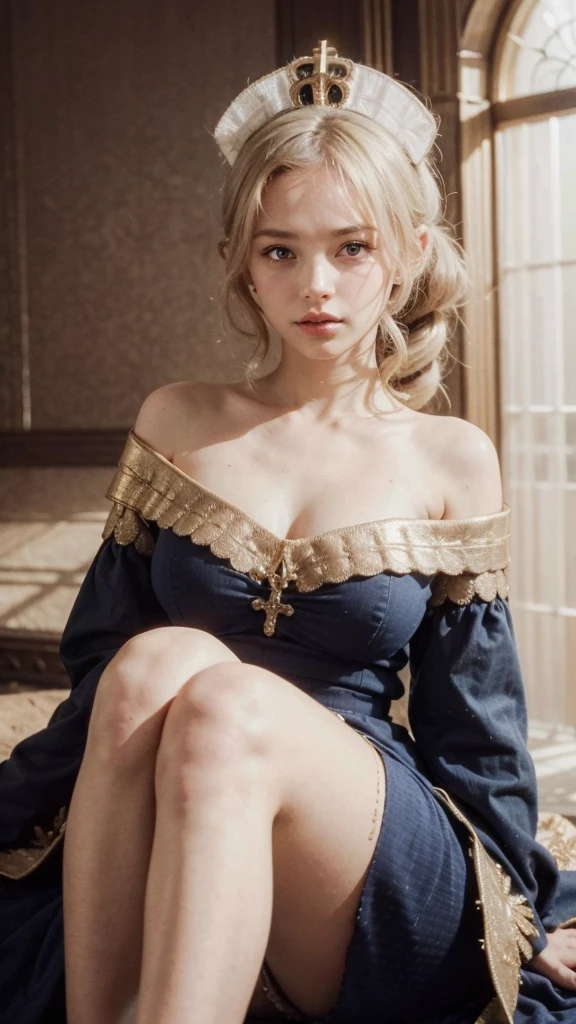 A young girl in realistic portrait of high quality and detail, movie style, Barbara (Genshin Impact), a young girl of petite build with ash-blond hair gathered in two ponytails and blue eyes. She is dressed in a white off-the-shoulder dress decorated with gold embroidery and a dark blue petticoat with the same color lapels on the sleeves. The bodice of the dress is decorated with a sea-green bow. The outfit is complemented by white tights, white shoes with black lacing, blue ruffles and a black block heel and a separate collar. On her head she wears a white and blue cap with a gold cross, similar to a nurse's headdress. Barbara also carries a spell book with a blue cover, decorated with gold and a cross keychain. She attaches it to a black leather sling with a gold buckle. light and peaceful atmosphere, glow, eye shadow, 1girl, fantasy, Depth & Perspective, smiling on her face, Mystical powers, fine face, She stands in the middle of the church hall, indoors, sunlight from stained glass windows, looking at viewer, (ultra-high detail:1.2), Masterpiece, Best Quality, Ultra-detailed, Cinematic lighting, 8K, delicate features, cinematic, 35 mm lens, f/1.9, highlight lighting, global lighting –uplight –v 4, cinematic, Cinematic lighting, 8K, high quality, Highest Quality, (Solo Focus), (extremly intricate:1.3), (Realistic), masterful, Analog style, (Film grain:1.5), (warm hue, cold tone), 