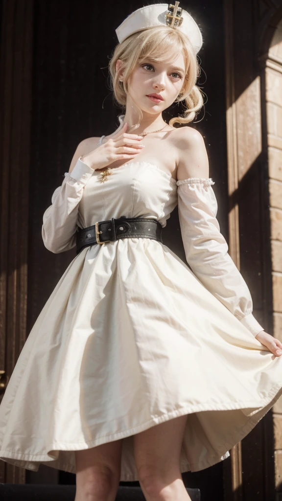 A young girl in realistic portrait of high quality and detail, movie style, Barbara (Genshin Impact), a young girl of petite build with ash-blond hair gathered in two ponytails and blue eyes. She is dressed in a white off-the-shoulder dress decorated with gold embroidery and a dark blue petticoat with the same color lapels on the sleeves. The bodice of the dress is decorated with a sea-green bow. The outfit is complemented by white tights, white shoes with black lacing, blue ruffles and a black block heel and a separate collar. On her head she wears a white and blue cap with a gold cross, similar to a nurse's headdress. Barbara also carries a spell book with a blue cover, decorated with gold and a cross keychain. She attaches it to a black leather sling with a gold buckle. light and peaceful atmosphere, glow, eye shadow, 1girl, fantasy, Depth & Perspective, smiling on her face, Mystical powers, fine face, She stands in the middle of the church hall, indoors, sunlight from stained glass windows, looking at viewer, (ultra-high detail:1.2), Masterpiece, Best Quality, Ultra-detailed, Cinematic lighting, 8K, delicate features, cinematic, 35 mm lens, f/1.9, highlight lighting, global lighting –uplight –v 4, cinematic, Cinematic lighting, 8K, high quality, Highest Quality, (Solo Focus), (extremly intricate:1.3), (Realistic), masterful, Analog style, (Film grain:1.5), (warm hue, cold tone), 