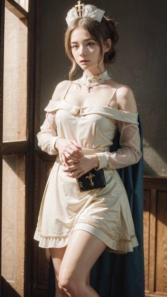 A young girl in realistic portrait of high quality and detail, movie style, Barbara (Genshin Impact), a young girl of petite build with ash-blond hair gathered in two ponytails and blue eyes. She is dressed in a white off-the-shoulder dress decorated with gold embroidery and a dark blue petticoat with the same color lapels on the sleeves. The bodice of the dress is decorated with a sea-green bow. The outfit is complemented by white tights, white shoes with black lacing, blue ruffles and a black block heel and a separate collar. On her head she wears a white and blue cap with a gold cross, similar to a nurse's headdress. Barbara also carries a spell book with a blue cover, decorated with gold and a cross keychain. She attaches it to a black leather sling with a gold buckle. light and peaceful atmosphere, glow, eye shadow, 1girl, fantasy, Depth & Perspective, smiling on her face, Mystical powers, fine face, She stands in the middle of the church hall, indoors, sunlight from stained glass windows, looking at viewer, (ultra-high detail:1.2), Masterpiece, Best Quality, Ultra-detailed, Cinematic lighting, 8K, delicate features, cinematic, 35 mm lens, f/1.9, highlight lighting, global lighting –uplight –v 4, cinematic, Cinematic lighting, 8K, high quality, Highest Quality, (Solo Focus), (extremly intricate:1.3), (Realistic), masterful, Analog style, (Film grain:1.5), (warm hue, cold tone), 