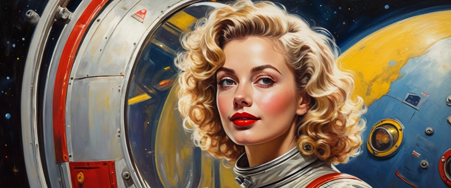 High-quality realistic acrylic painting, VIVID COLORS, back point a view, a beautiful vintage european woman with blonde curly hair, looking at the viewer with suspicious face and a shy smile, red lips, she wears metalic atomic age style space suit, hands in the waist, dramatic yellow red lights, background a atomic age style space station in Earth orbit