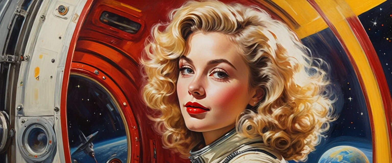 High-quality realistic acrylic painting, VIVID COLORS, back point a view, a beautiful vintage european woman with blonde curly hair, looking at the viewer with suspicious face and a shy smile, red lips, she wears metalic atomic age style space suit, hands in the waist, dramatic yellow red lights, background a atomic age style space station in Earth orbit