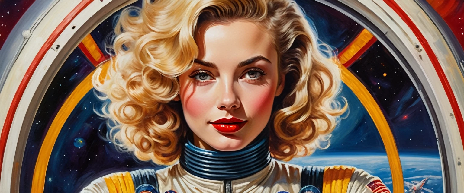 high contrast illustration, shades of blue colors, back point a view, a beautiful european woman, looking at the viewer with suspicious face and a shy smile, she wears shyne metalic space suit, hands in the waist, dramatic vivid lights, in deep space with a planet and sun