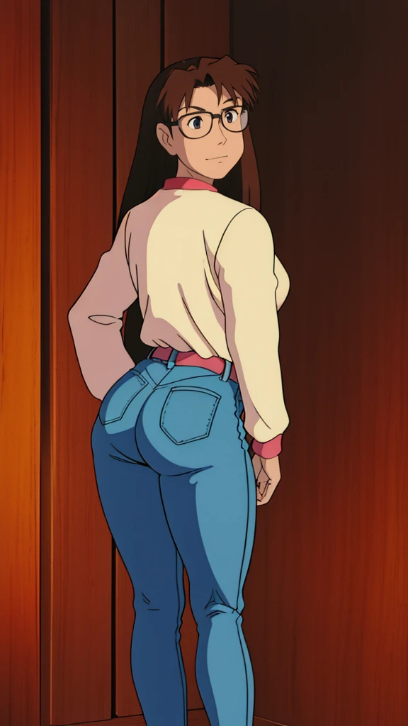 Koyomi mizuhara, glasses, brown hair, long hair, medium breasts, sports Long sleeved Jersey shirt, medium bubble butt, biker leggings, back of view, Wallpaper, luscious lips, 90’s, vintage, high quality, tight jeans, touching her butt cheeks, looing back, aroused, eyeing you, lewd smirking, bent over, arching down