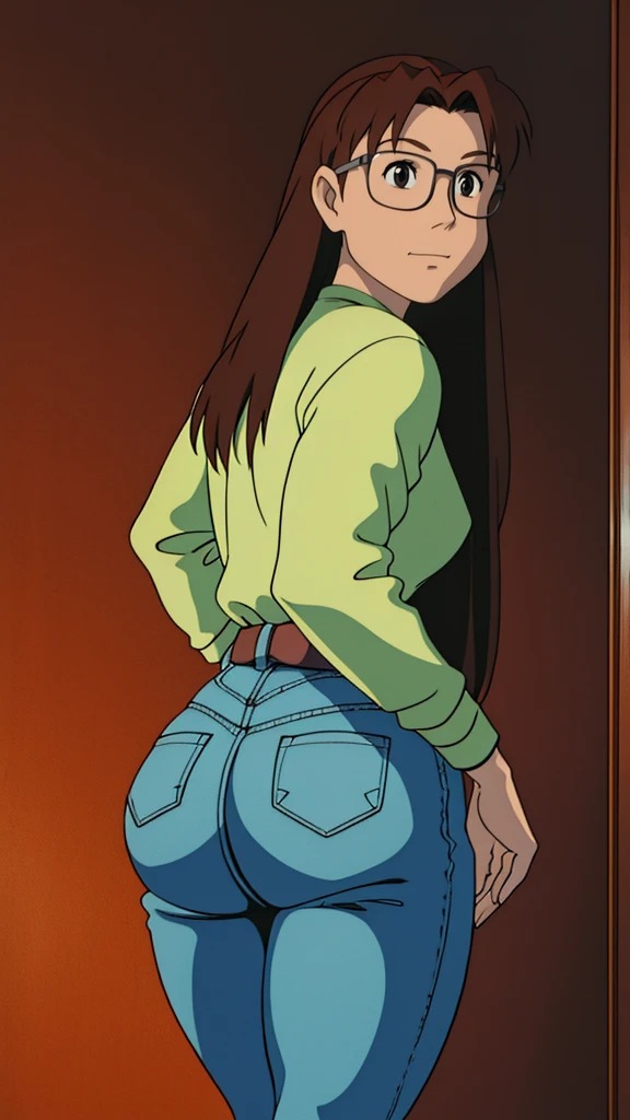 Koyomi mizuhara, glasses, brown hair, long hair, medium breasts, sports Long sleeved Jersey shirt, medium bubble butt, biker leggings, back of view, Wallpaper, luscious lips, 90’s, vintage, high quality, tight jeans, touching her butt cheeks, looing back, aroused, eyeing you, lewd smirking, bent over, arching down