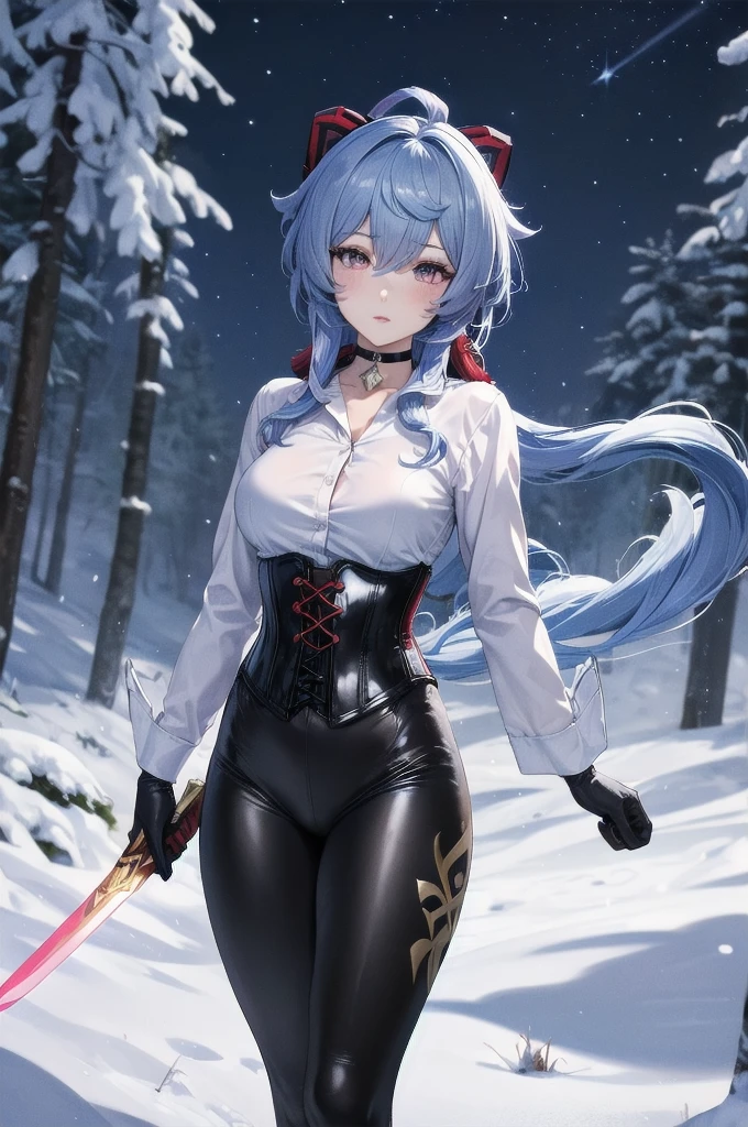 Masterpiece, Beautiful art, professional artist, 8k, sleeping expression, very detailed face, Detailed clothing, detailed fabric, 1 girl, Hiring, (genshin impact), View from the front, standing, perfectly drawn body, pale skin, shy expression, beautiful face, agregar cuernos de Hiring en la cabeza, Long sky blue hair, 4k eyes, very detailed eyes, pink cheeks, choker:1.6, (white long sleeve button down shirt with white collar), black gloves, gloves that cover hands, (holds a sword with his right hand), (black leather corset), (shiny black leggings), Sensual Lips, show details in the eyes, snowy dark forest, at night, starry night sky