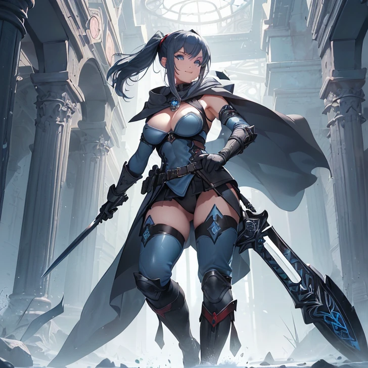 (Absurdres, best high quality, best detailed with gigh quality and very detailed features and textures alone solo character)
{{(20 years old dark-blue haired elf girl: (pale skin, hair tied in two high-pigtails, heterochromatic eyes, very thin lips, nice feminine body, big-medium breasts, beautiful arms, beautiful legs, beautiful warrior, happy face, open smile, lovely, cheerful and adventurer, feminine warrior, holding a huge blue claymore), (full grey unitard battle suit, long full arm sleeves, thick grey gloves, long grey thick boots, black iron bell, red cloak), (huge large light blue claymore sword), (danish viking styled temple,)}}