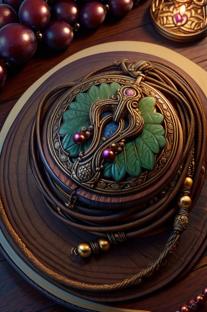 (a prayer beads cord of a hundred spheric grape-shape brown beads, with metalic medal carved with a tree, on a table, over a open book, focus in the medal, intricate detail, highly detailed, extremely detailed, hyperrealistic, high quality, 4k, 8k, ultra-detailed, photorealistic, masterpiece, professional, dramatic lighting, cinematic, dramatic, intimate, moody)