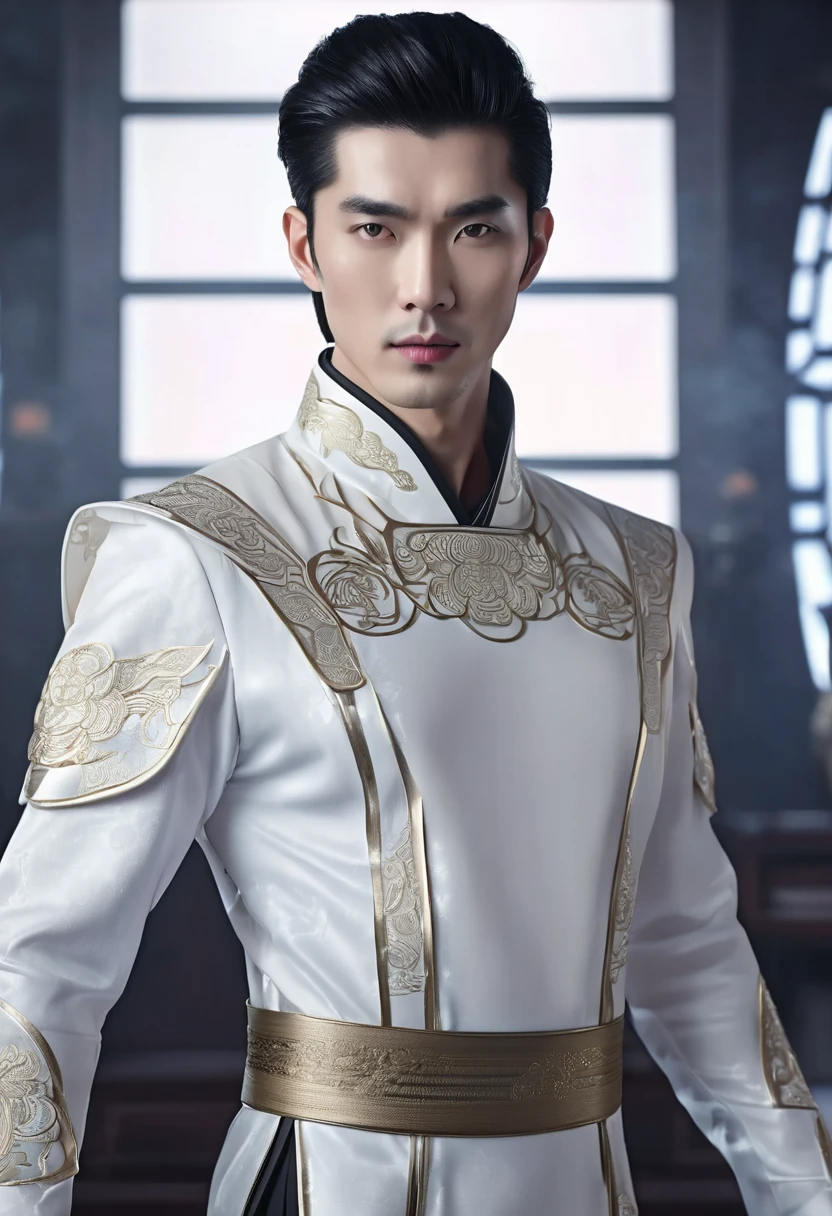 1 man, inside a modern room in futuristic style, wearing a traditional male Chinese costume in elegant white color, detailed facial features, beautiful male eyes Chinese anatomy, detailed white skin, long dark hair, strong expression and soft lighting, cinematic composition dark cold, atmospheric fog, beautiful face, thin chin, handsome man, masculine and handsome, 25 years old (best quality, 4K, 8K, high resolution, art: 1.2), ultra-detailed, (realistic, photorealistic, photorealistic: 1.37)