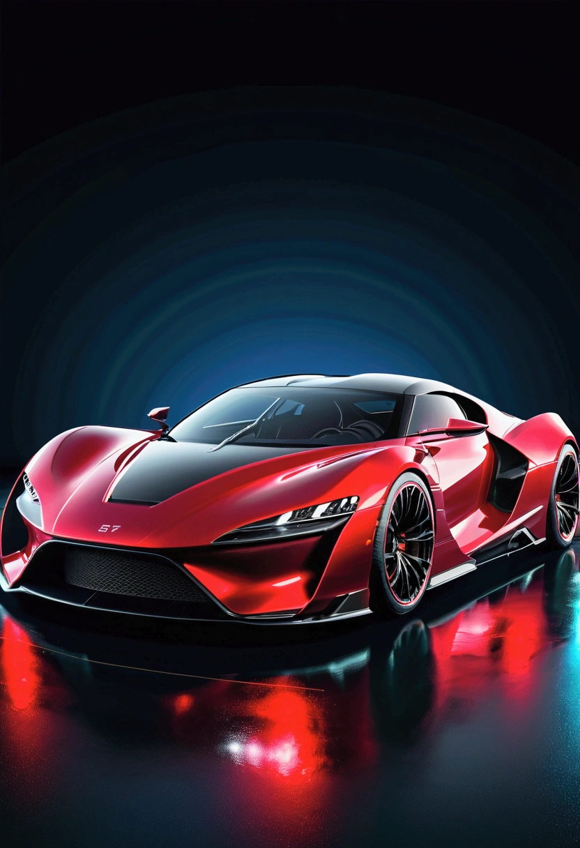 Futuristic sports car with an aerodynamic design, featuring swirling LED lights and a glossy red exterior. Elegant curves and fluid lines. high resolution, photorealistic product photography, highly detailed, volumetric lighting, providing a full view of the vehicle, innovative LED lighting integrated into the car's structure