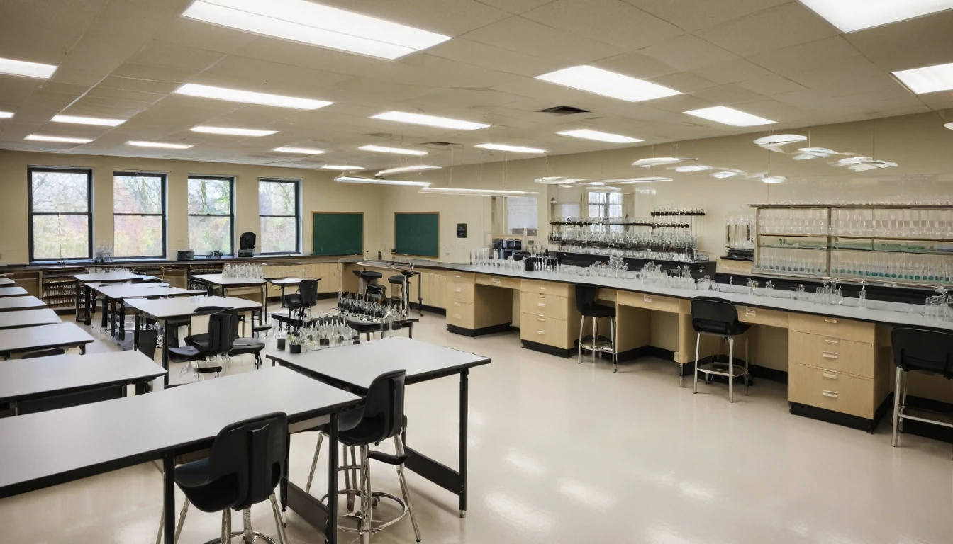 College chemistry classroom with laboratory tables and glass flasks. The lighting is neutral, typical of a classroom.