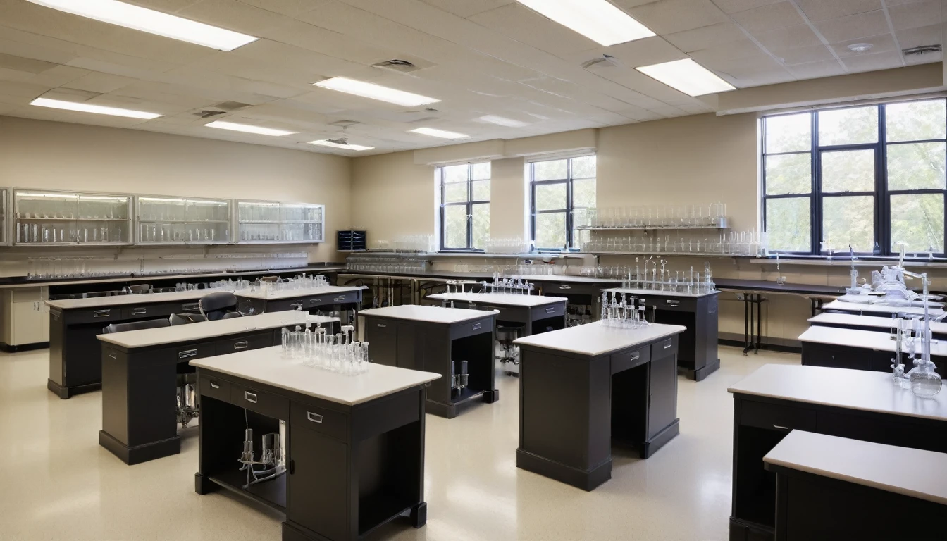 College chemistry classroom with laboratory tables and glass flasks. The lighting is neutral, typical of a classroom.
