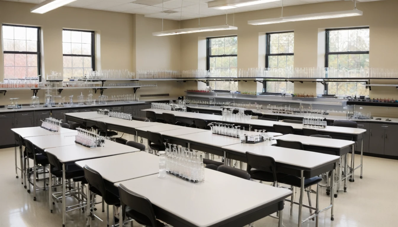 College chemistry classroom with laboratory tables and glass flasks. The lighting is neutral, typical of a classroom.
