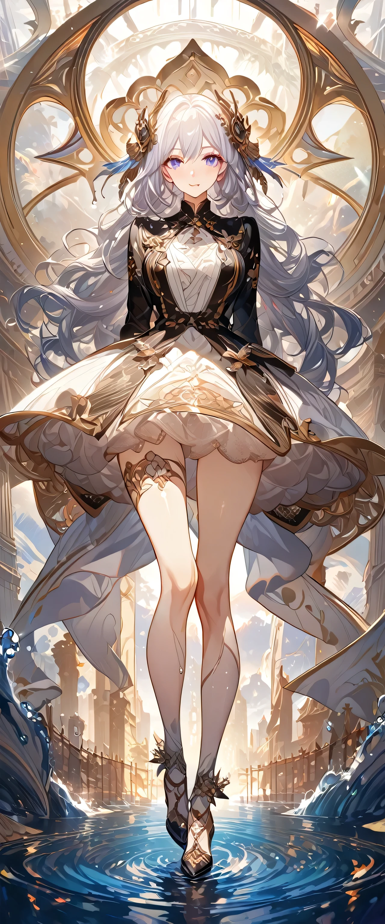 best quality ,masterpiece, illustration, Extremely delicate and beautiful, Extremely detailed ,CG ,Unite ,8k wallpaper, Astonishing, Fine details, masterpiece, best quality, Official Art, Extremely detailed CG Unite 8k wallpaper, Solitary, thigh Key Points, (whole body), Put your hands behind your back, White background, finely Delicate face and eyes, Extremely detailed, Delicate face, Detailed hair, Detailed clothes, high quality, slim, water, masterpiece:1.3, Key Points:1.2, skirt, short skirt, transparent skirt, lace skirt, Various postures, Large target , Hair accessories, Detailed clothing inspired by Asukaziye artists : ask, Art style : ask
