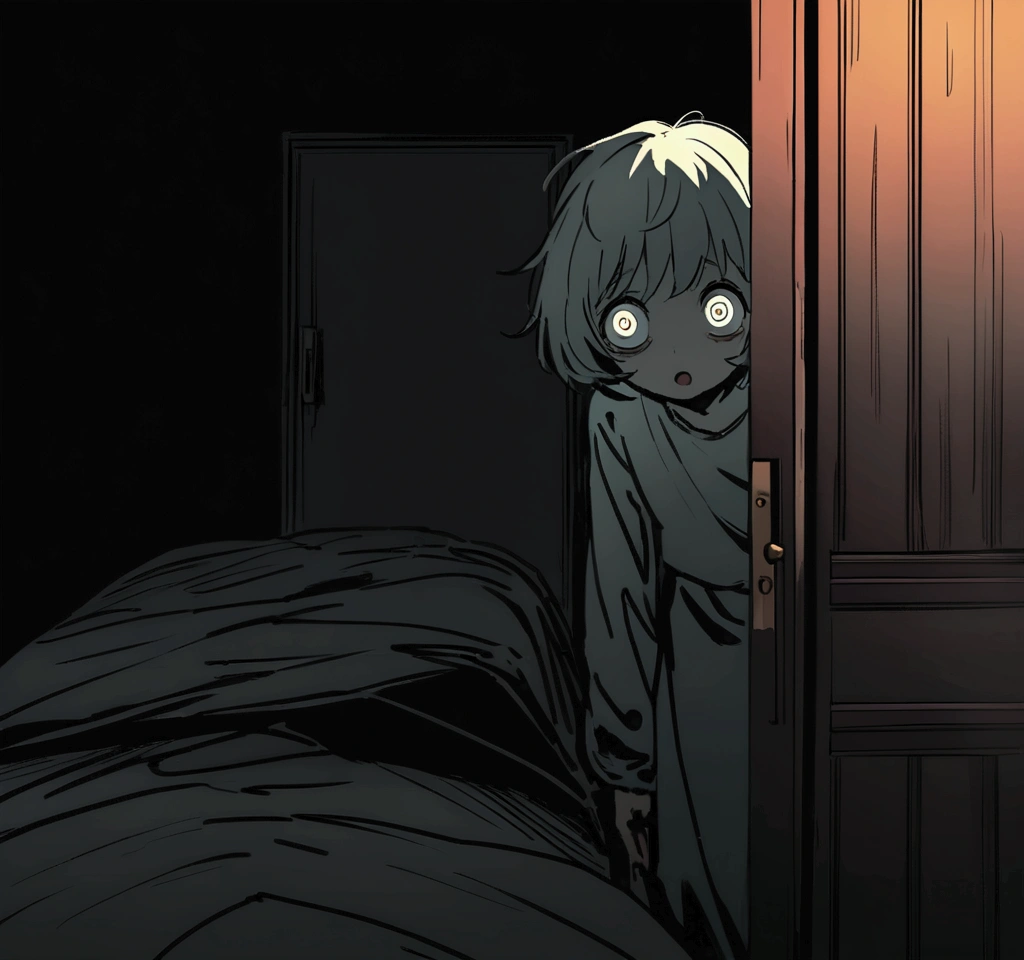 Create an image of a terrified person sitting on a bed in a dark hotel room at night. The person has a frightened expression, wide eyes, and a tense posture, gripping the edge of the bed. The room is dimly lit, with shadows cast by a single, flickering light, enhancing the eerie atmosphere. The bed is old and unkempt, with disheveled sheets. The background includes worn wallpaper and a partially open door, suggesting the presence of something sinister outside. The overall atmosphere is one of intense fear and suspense, reminiscent of a classic horror movie