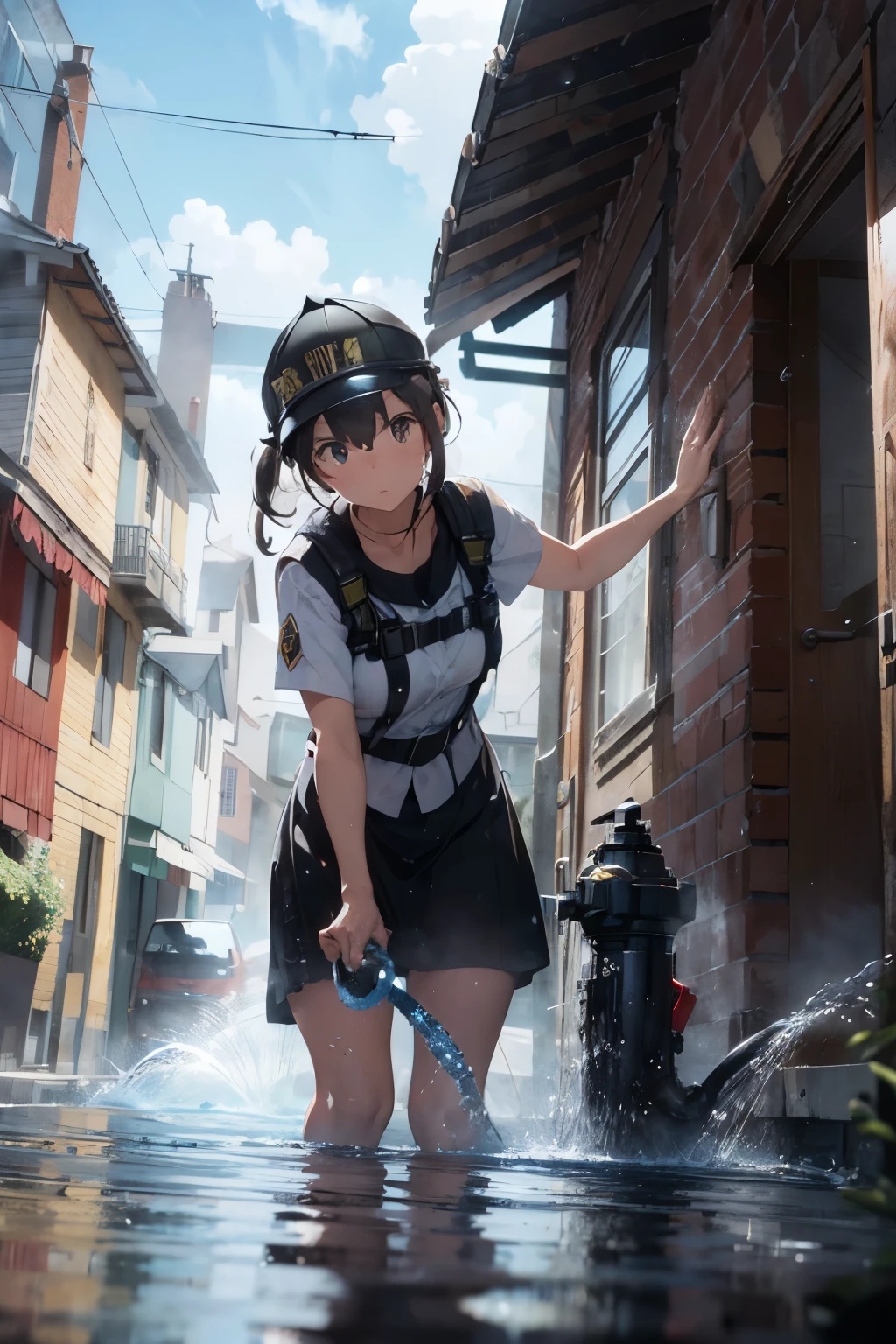 ((masuter piece, Best Quality, High resolution)), From a ground-level perspective, A fire hydrant with a hose attached is in full use, squirting a stream of water to put out a raging fire in an old, vintage house. The house's facade, with its peeling paint and warped windows, stands in stark contrast to the bright, refreshing water. The hose's dynamic motion and the firefighter's determined expression create an intense atmosphere. The fire hydrant's metallic texture and the water's shimmering reflections add depth to this 4K picture. (Firefighter's uniform: 1.2), (N
