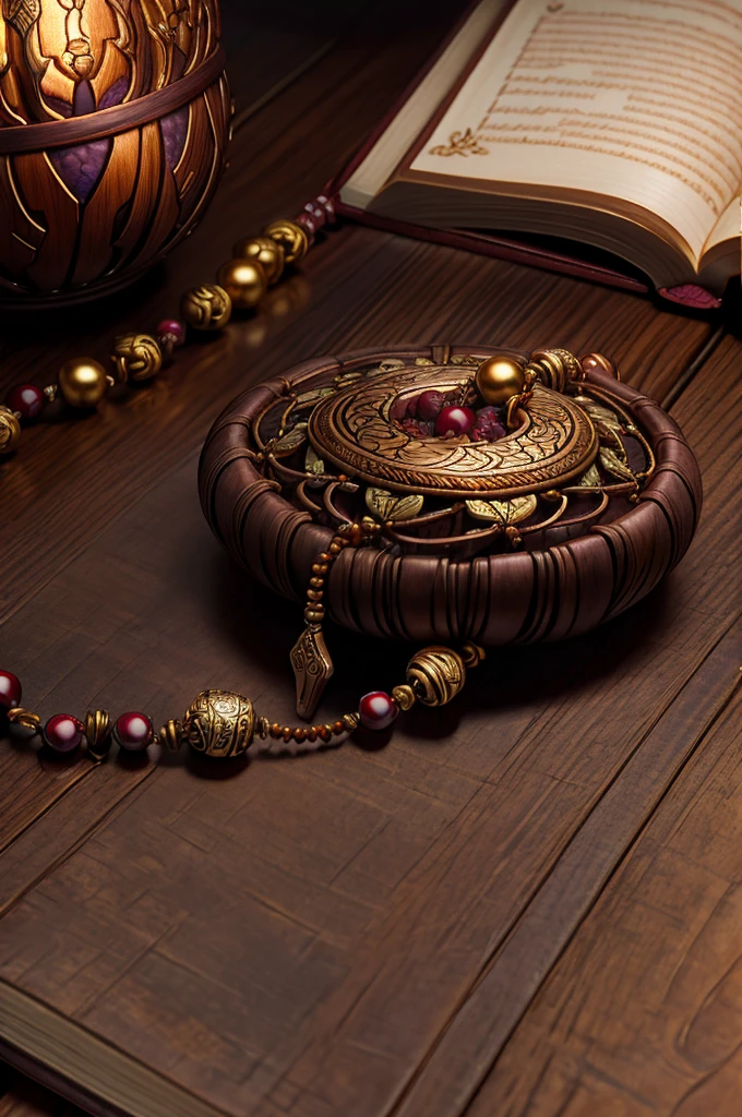 a prayer beads cord of a hundred spheric grape-shape brown beads, metalic medal carved with a tree, on a table, open book, detailed,high quality, photorealistic, warm lighting, soft focus, still life, intricate details, cinematic composition