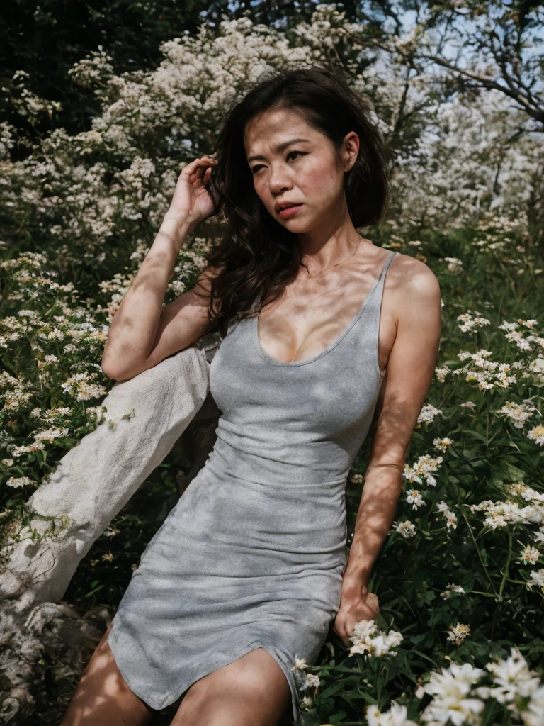 From above, Detailed medium shot, Best quality, hight angle of a pretty malaysian women wearing tank top dress and enjoy a beautiful afternoon, big breast, glasses, beautiful shadow, beauty posing between a edelweiss plants, kodacrhome, cinematic lighting, masterpiece composition, realistic face and eyes, realistic skin, ultra highly detailed, sharp focus, beautiful film bokeh, surreal view, dramtic film looks, hunting candid photo, shot by zenit with 35mm wide lens, midjourney v6 realism, in 2024

