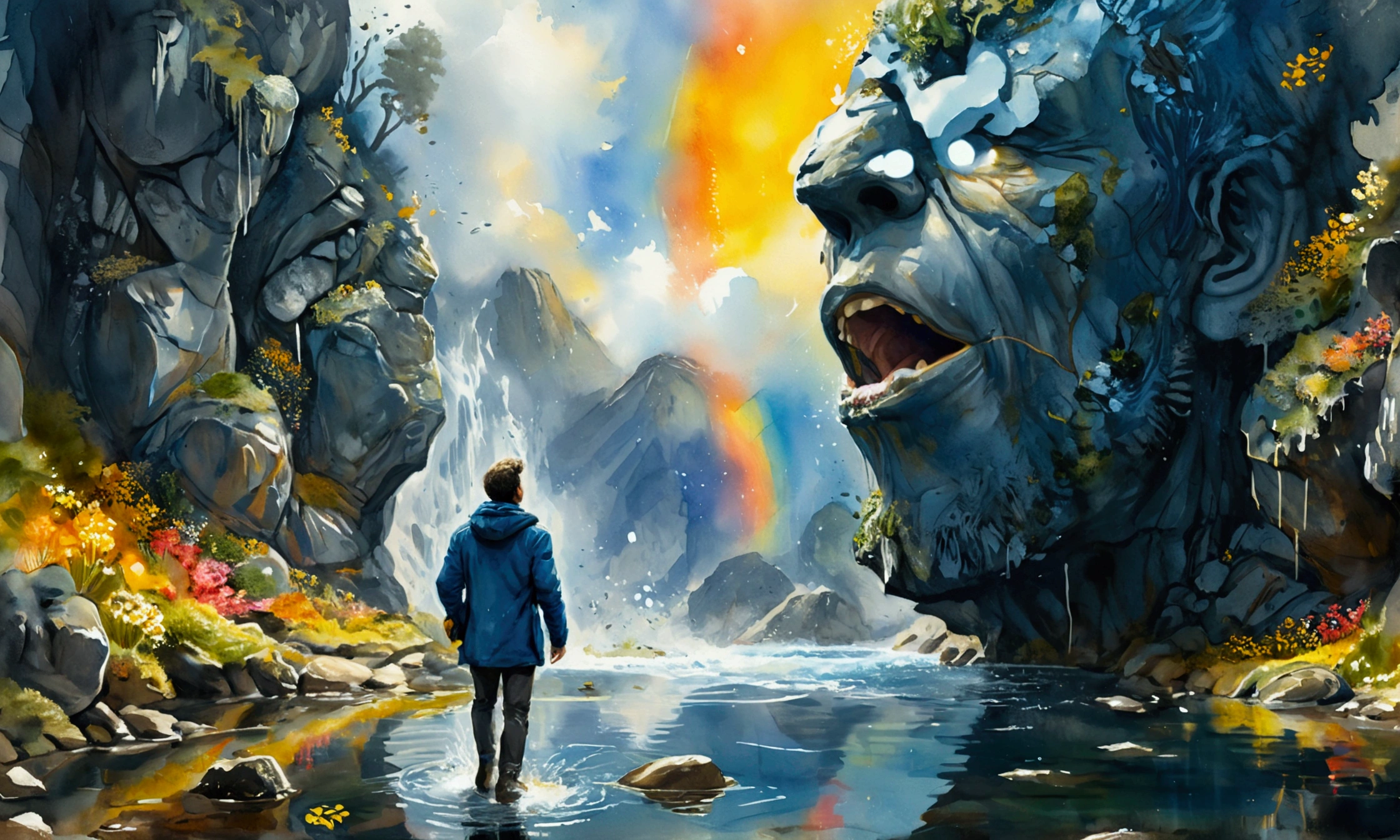 A man wearing a blue jacket, walking into a Giant gray rock Titan with opening mouth, rock gray-gold giant bust, with wide mouth open resting in the center of a water mirror, the rocks and gold giant head has moss and flowers. thick wavy Brush strokes, Digital illustration. brush strokes, watercolor, in the background golden rays and beautiful landscape, fantastic art, dreamy atmosphere, rainbow waves, Peaceful environment, close up