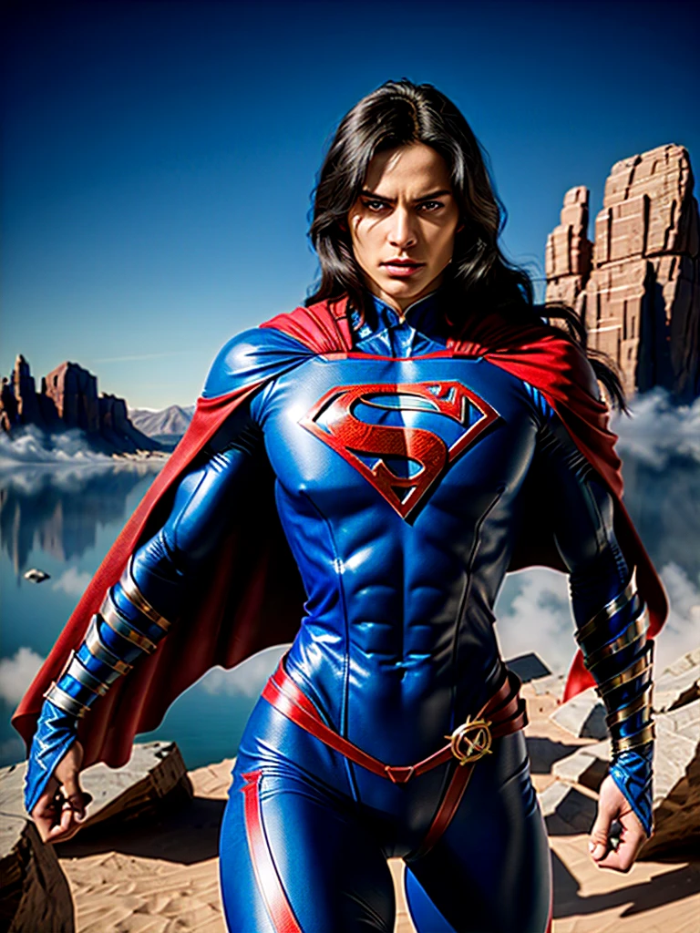 a muscular man with a chiseled jawline, blue eyes, and wavy black hair, wearing a tight blue and red superhero costume with a bold "S" symbol on the chest, flying through the sky with rippling cape, dramatic lighting, epic cinematic composition, photorealistic, 8k, high detailed, intricate, vivid colors, dramatic lighting, dramatic shadows, powerful, heroic, cinematic, inspiring, (best quality,4k,8k,highres,masterpiece:1.2),ultra-detailed,(realistic,photorealistic,photo-realistic:1.37)