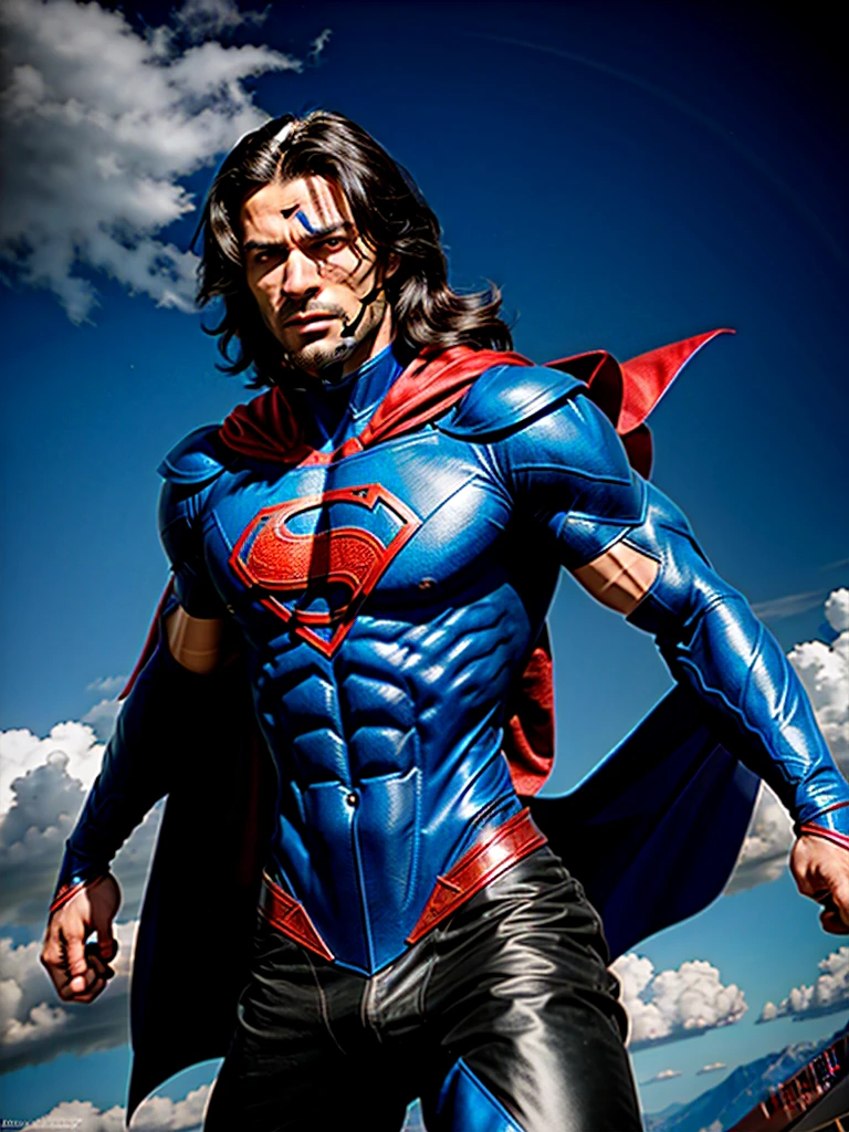a muscular man with a chiseled jawline, blue eyes, and wavy black hair, wearing a tight blue and red superhero costume with a bold "S" symbol on the chest, flying through the sky with rippling cape, dramatic lighting, epic cinematic composition, photorealistic, 8k, high detailed, intricate, vivid colors, dramatic lighting, dramatic shadows, powerful, heroic, cinematic, inspiring, (best quality,4k,8k,highres,masterpiece:1.2),ultra-detailed,(realistic,photorealistic,photo-realistic:1.37)