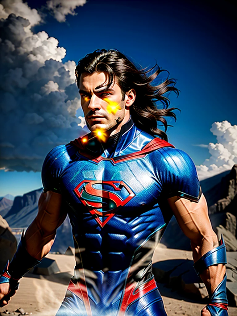 a muscular man with a chiseled jawline, blue eyes, and wavy black hair, wearing a tight blue and red superhero costume with a bold "S" symbol on the chest, flying through the sky with rippling cape, dramatic lighting, epic cinematic composition, photorealistic, 8k, high detailed, intricate, vivid colors, dramatic lighting, dramatic shadows, powerful, heroic, cinematic, inspiring, (best quality,4k,8k,highres,masterpiece:1.2),ultra-detailed,(realistic,photorealistic,photo-realistic:1.37)