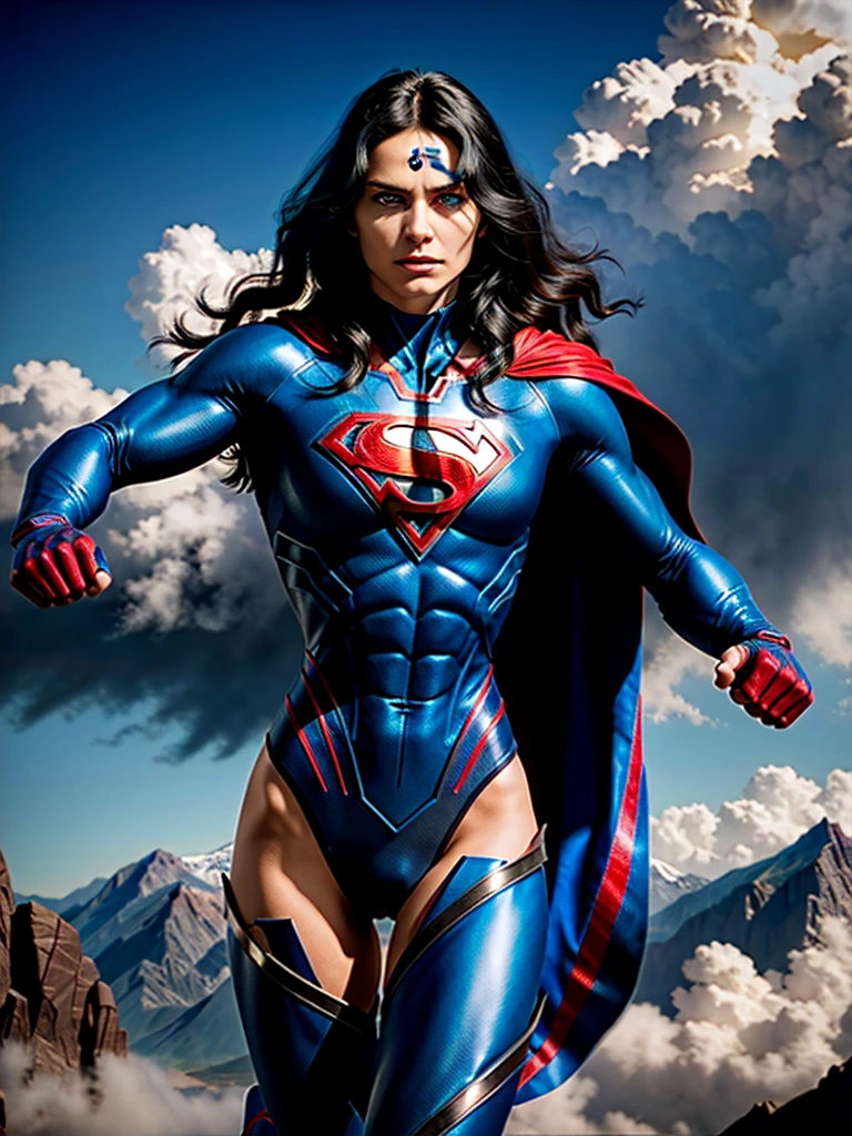 a muscular man with a chiseled jawline, blue eyes, and wavy black hair, wearing a tight blue and red superhero costume with a bold "S" symbol on the chest, flying through the sky with rippling cape, dramatic lighting, epic cinematic composition, photorealistic, 8k, high detailed, intricate, vivid colors, dramatic lighting, dramatic shadows, powerful, heroic, cinematic, inspiring, (best quality,4k,8k,highres,masterpiece:1.2),ultra-detailed,(realistic,photorealistic,photo-realistic:1.37)