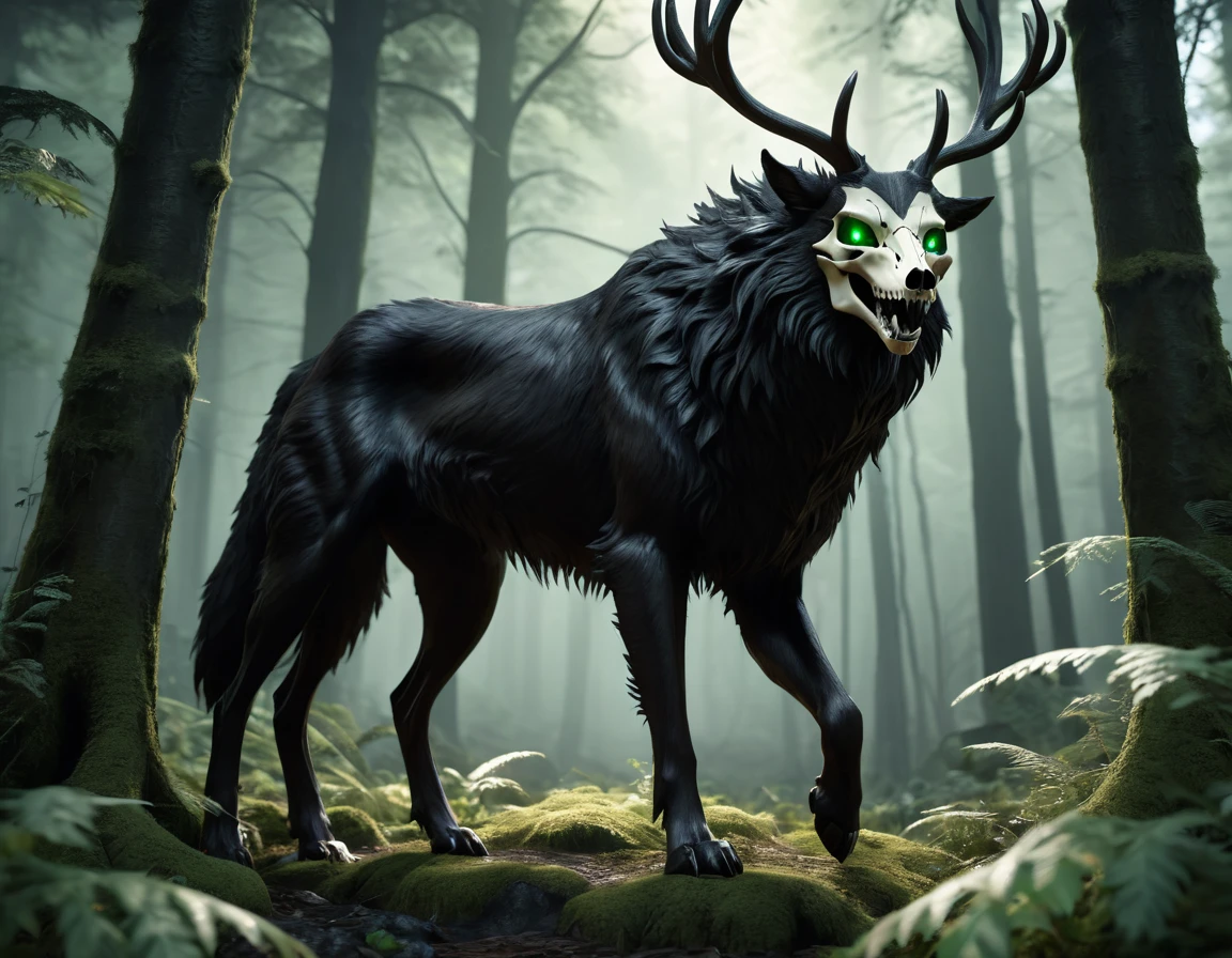 full body portrait of scary big black beast, feral, long legs, four legged, wolf skull face, horns, antlers, [deer | tiger | wolf | wendigo | bear], hybrid beast with beryl green eyes dark mysterious forest scenery, fantasy, dark fantasy, full body, cinematic, render, 8k, unreal engine, realistic, masterpiece, high detail, full body, low life, volumetric lighting 